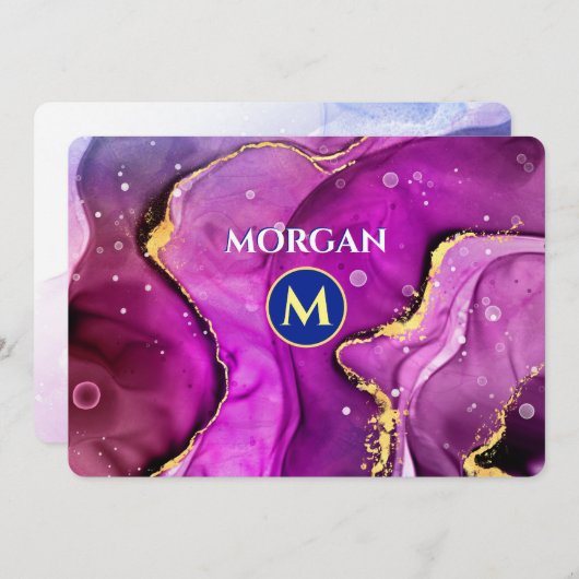 Red-Violetおよび金ゴールド液体インク、モノグラムおよび名前 ノートカード (正面/裏面)