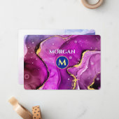 Red-Violetおよび金ゴールド液体インク、モノグラムおよび名前 ノートカード (正面/裏面インサイチュ)