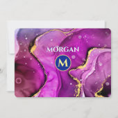 Red-Violetおよび金ゴールド液体インク、モノグラムおよび名前 ノートカード (正面)