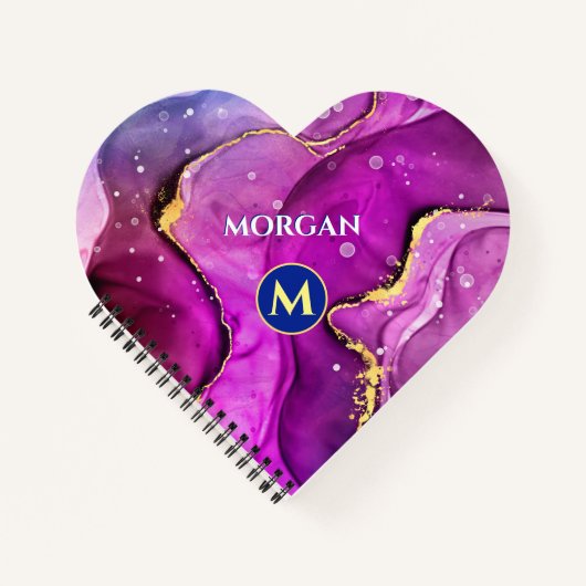 Red-Violetおよび金ゴールド液体インク、モノグラムおよび名前 ノートブック (正面)