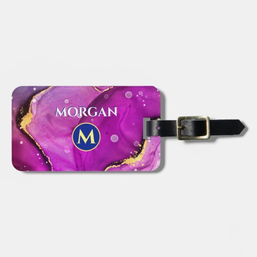 Red-Violetおよび金ゴールド液体インク、モノグラムおよび名前 ラゲッジタグ (正面横)