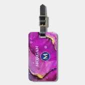 Red-Violetおよび金ゴールド液体インク、モノグラムおよび名前 ラゲッジタグ (正面縦)