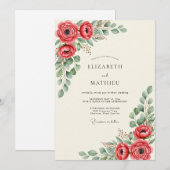 Red Vivid Botanical Wedding 招待状 (正面/裏面)