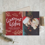 Red Warmest Wishes書道モダン写真 シーズンカード<br><div class="desc">このカスタマイズ可能なクリスマスカードで友人や家族に最も暖かい願いを送りなさい。紅葉のアクセントモダンのある書道が特徴。詳細を追加してパーソナライズこのカスタムクリスマスカードは他の色とカードストックで利用可能。一致するアイテムが使用可能。</div>