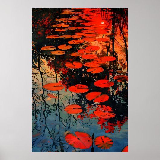 Red Water Lilies Pond Art Print Abstract Sunset ポスター (正面)