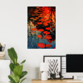Red Water Lilies Pond Art Print Abstract Sunset ポスター (ホームオフィス)