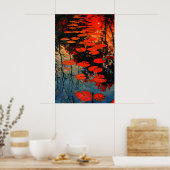 Red Water Lilies Pond Art Print Abstract Sunset ポスター (キッチン)