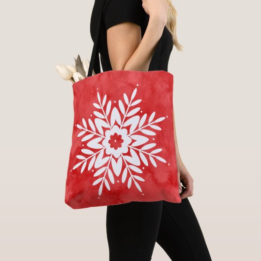 Red Watercolor Abstract Snowflake トートバッグ (クローズアップ)