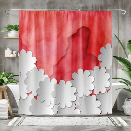 Red Watercolor and White Flowers シャワーカーテン