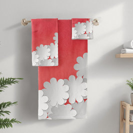 Red Watercolor and White Flowers バスタオルセット