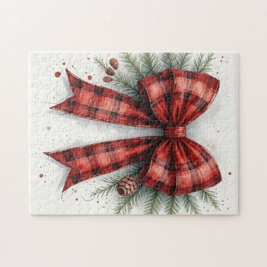 Red Watercolor Christmas Bow ジグソーパズル (横)