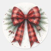 Red Watercolor Christmas Bow ラウンドシール (正面)