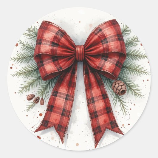 Red Watercolor Christmas Bow ラウンドシール (正面)