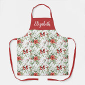 Red Watercolor Floral Custom Name エプロン (正面)
