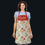 Red Watercolor Floral Custom Name エプロン<br><div class="desc">This custom name red and yellow watercolor floral pattern with butterflies apron is a perfect for your kitchen chef. A perfect gift for the woman in your life who loves to cook!</div>