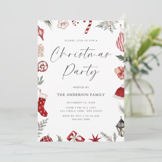 Red Watercolor Frame Christmas Party 招待状 (スタンド正面)