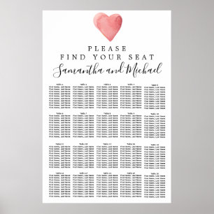 Red Watercolor Heart 20-Table Seating Chart ポスター