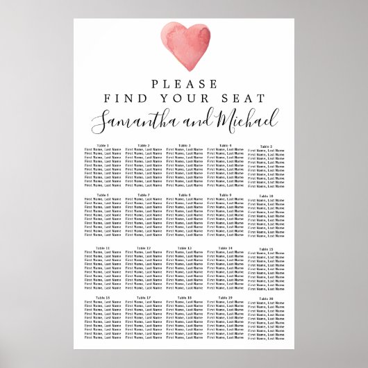 Red Watercolor Heart 20-Table Seating Chart ポスター (正面)