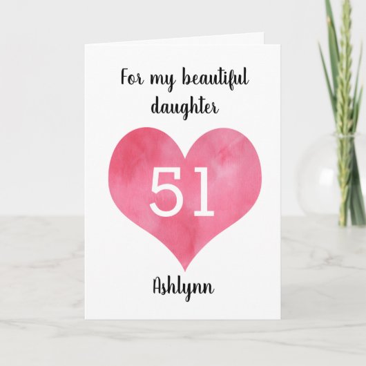 Red Watercolor Heart 51st Birthday Card カード (正面)