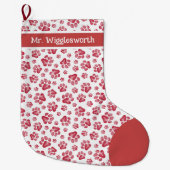 Red Watercolor Paw Print Pattern ラージクリスマスストッキング (正面)