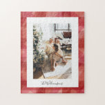 Red Watercolor Plaid Rustic Christmas Photo  ジグソーパズル<br><div class="desc">Red Watercolor Plaid Rustic Photo Christmas Holiday Puzzle</div>