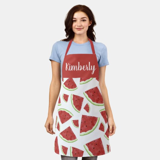 Red watercolor watermelon custom name エプロン (着用した状態)