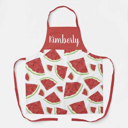 Red watercolor watermelon custom name エプロン (正面)