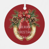 Red Western Gold Horse Shoe Christmas Pine Cones メタルオーナメント (正面)
