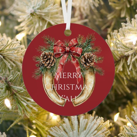 Red Western Gold Horse Shoe Christmas Pine Cones メタルオーナメント (インサイチュ)
