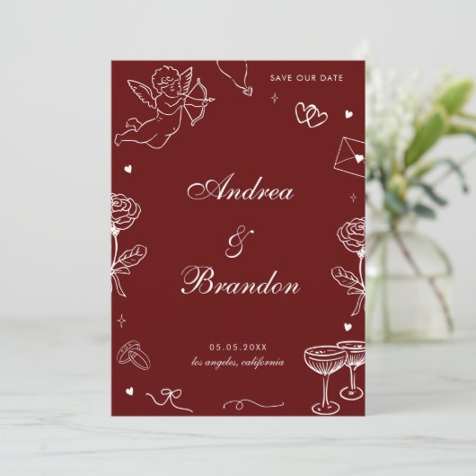 Red Whimsical Hand Drawn Fun Scribble Wedding セーブザデート (スタンド正面)