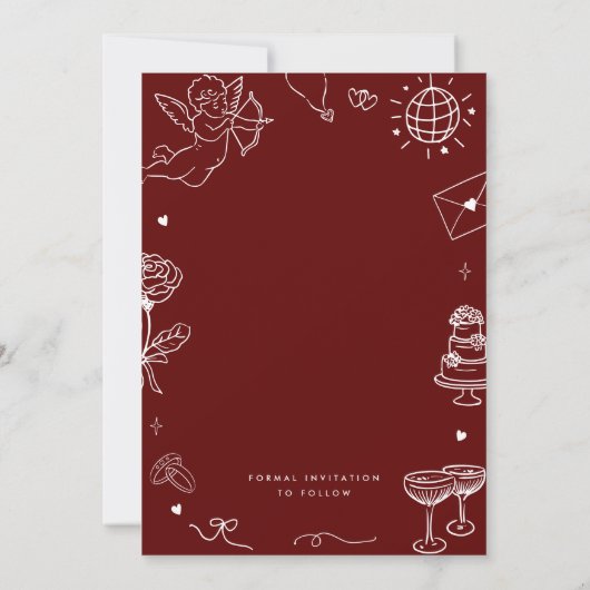 Red Whimsical Hand Drawn Fun Scribble Wedding セーブザデート (裏面)