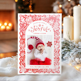 Red Whimsical Hand Drawn Joyful Holiday Photo シーズンカード