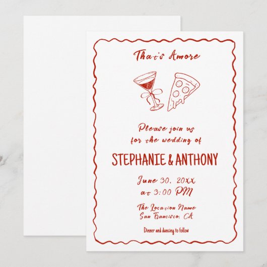 Red Whimsical Pizza That's Amore Italian Wedding 招待状 (正面/裏面)