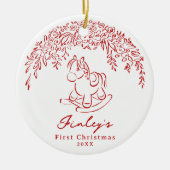 Red Whimsical rocking horse Baby's 1st Christmas セラミックオーナメント (正面)