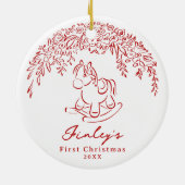 Red Whimsical rocking horse Baby's 1st Christmas セラミックオーナメント (裏面)