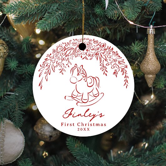 Red Whimsical rocking horse Baby's 1st Christmas セラミックオーナメント