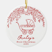 Red Whimsical Stroller Baby's First Christmas セラミックオーナメント (正面)
