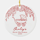 Red Whimsical Stroller Baby's First Christmas セラミックオーナメント (裏面)