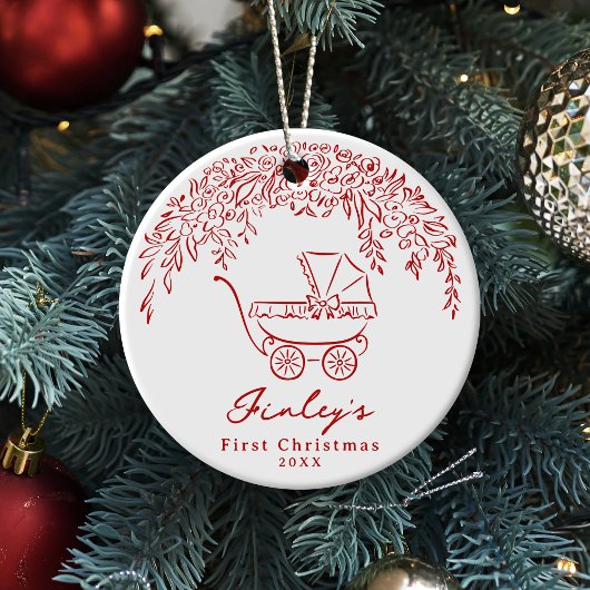 Red Whimsical Stroller Baby's First Christmas セラミックオーナメント