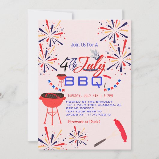 Red WhiteとBlue BBQ花火7月4日パーティー 招待状 (正面)