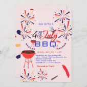 Red WhiteとBlue BBQ花火7月4日パーティー 招待状 (正面/裏面)