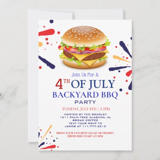Red WhiteとBlue BBQ花火7月4日パーティー 招待状 (正面)