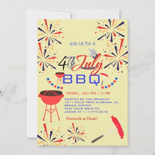 Red WhiteとBlue BBQ花火7月4日パーティー 招待状 (正面)