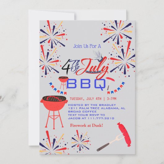 Red WhiteとBlue BBQ花火7月4日パーティー 招待状 (正面)