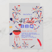 Red WhiteとBlue BBQ花火7月4日パーティー 招待状 (正面/裏面)