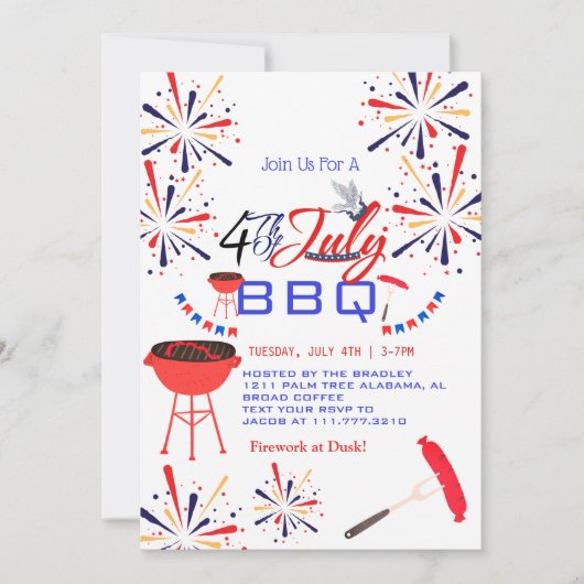Red WhiteとBlue BBQ花火7月4日パーティー 招待状 (正面)