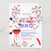 Red WhiteとBlue BBQ花火7月4日パーティー 招待状 (正面/裏面)