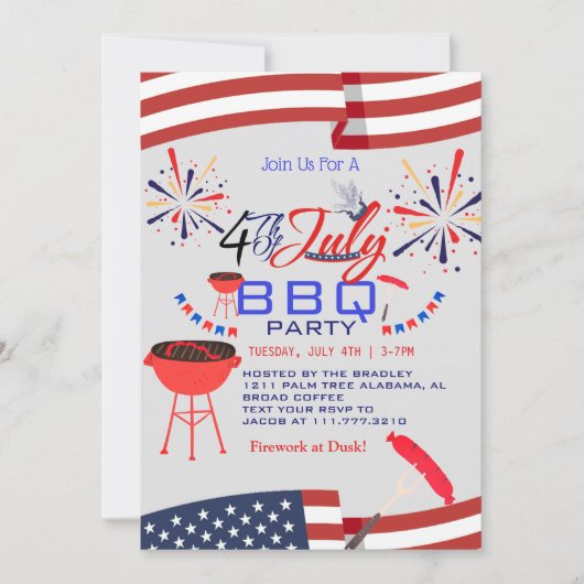 Red WhiteとBlue BBQ花火7月4日パーティー 招待状 (正面)