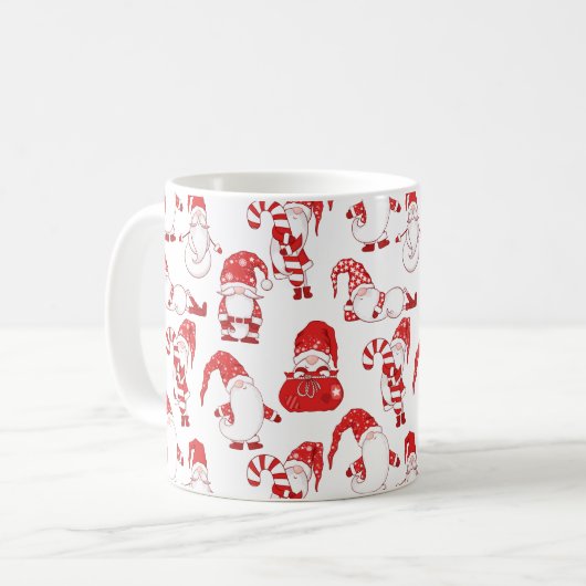 Red & White All-Over Christmas Gnome Pattern コーヒーマグカップ (正面左)