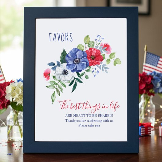 Red White and Blue Floral Favor Table Sign ポスター